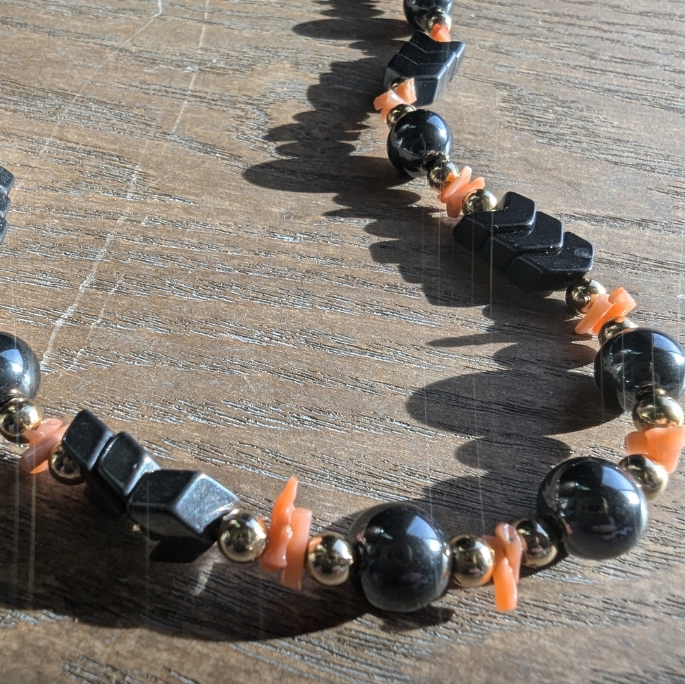 Unique Hematite and Coral Beaded Necklace